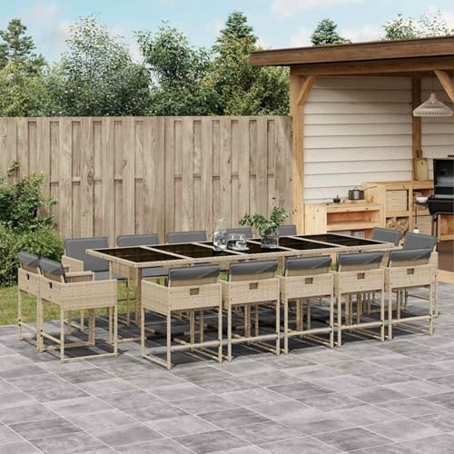 HOMELEN 15-teilige Garten-Essgruppe mit Polyrattan-Kissen, wetterfestes Outdoor-Dining-Set aus PE-Rattan, Glas-Tisch und gepolsterten Stühlen in Beige für Terrasse, Garten und Hinterhof