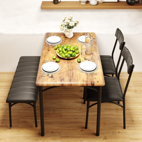 Aptliton 4-Piece Dining Table and Chair Set with Bench, Upholstered Kitchen Table Set for Small Spaces, Industrial Rustic Brown Dining Set with 2 Chairs and 1 Bench, Brown & Black