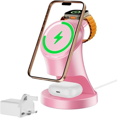 3 in 1 Kabellose Ladestation für Apple-Geräte, MagSafe kompatibles Ladegerät für iPhone 17/16/15/14/13/12 Serie, kompatibel mit Wireless Earbuds Case & Apple Watch Ultra 11/10/9/8/7/SE/6/5/4/3/2