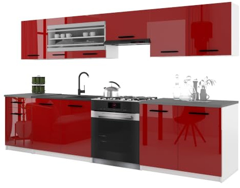 Belini Italia 4 Küchenzeile Küchenblock 260cm Rot | Küchenset als gerade Küchenzeile, weiße Korpusse, DECOR ECONATURA Material, kratzfest, ohne Elektrogeräte, mit Arbeitsplatte