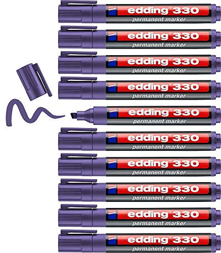 edding Pennarello permanente 330 - viola - 10 penne - punta a scalpello 1-5 mm - penne impermeabili ad asciugatura rapida - per cartone, plastica, vetro, legno, metallo e tessuto