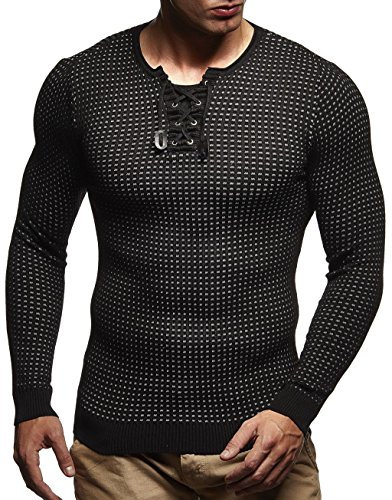 Leif Nelson Herren dünner Strick-Pullover Rundhals-Ausschnitt Slim Fit Winter Sommer Moderner Männer Winterpullover Wollpullover Langarm Crew Neck Feinstrick LN1605 Schwarz-Ecru XX-Large