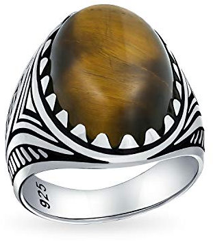 Personalisierte Herren Tier Wolf Klaue Set Große Ovale Cabochon Edelstein Braun Tiger Eye Signet Statement Western Ring Für Männer Oxidiert .925 Silber Handgefertigt In Der Türkei Anpassbar