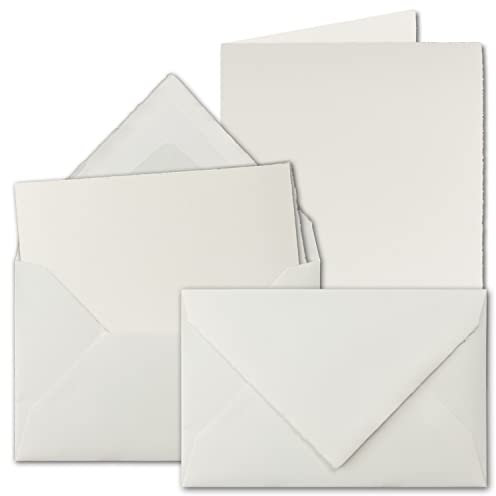100x B6 Vintage Faltkarten-Set mit gefütterten Briefumschlägen, Büttenpapier, 113 x 175 mm - hoch-doppelt, Naturweiß - Karten aus Büttenpapier