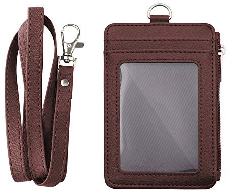 GOGO Porte-badge professionnel avec fermeture éclair, porte-badge vertical double face en cuir synthétique avec poche zippée et cordon tour de cou en cuir - Marron