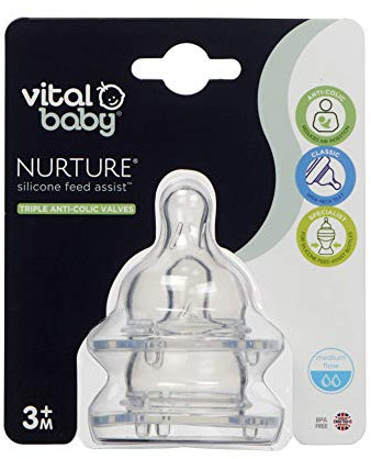 Vital Baby Nurture Silicone Feed Assist Teat Medium Flow, 2 Pack, Silicone Teat for Baby Bottles, BPA Free, 0-6 Months