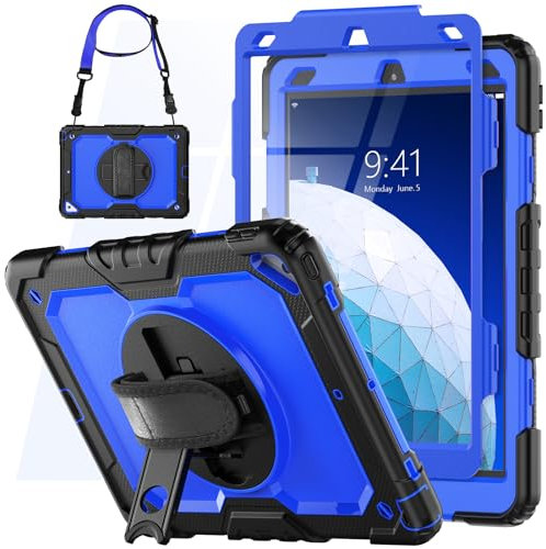 SEYMCY Case for iPad Air 3rd Generation 2019/ iPad Pro 10.5 inch Case 2017, Full-body Shockproof with Screen Protector, 360° Rotating Hand Strap & Stand, Pencil Holder, Shoulder Strap, Blue