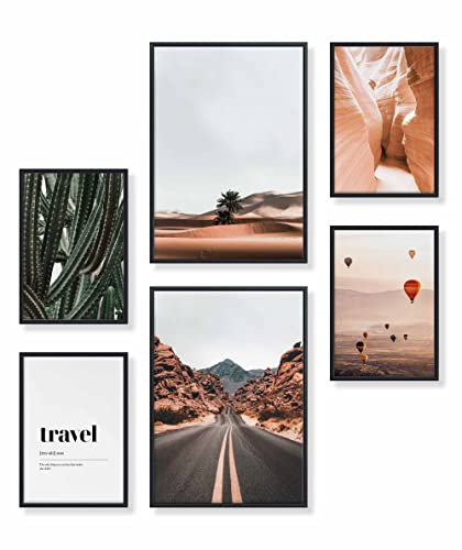 Heimlich® Premium Poster Set mit Bilderrahmen Aluminium Schwarz | 2 x DIN A3 & 4 x DIN A4 - ca. 30x42 & 21x30 | Stilvolle Poster Collagen mit passenden Bilder als Wanddeko » Kaktus Wüste Landschaft «