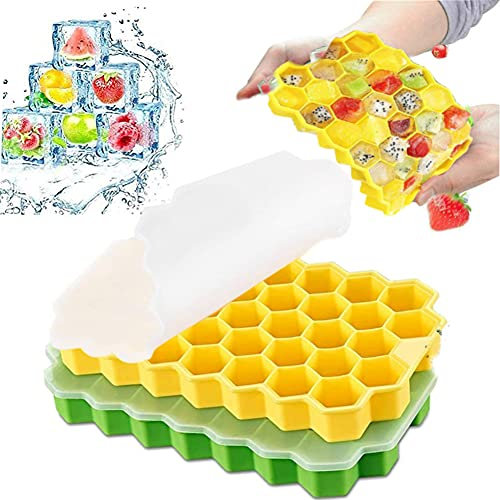 Moule à Glaçons,Bac à Glaçons Silicone avec Couvercle,2 Pcs Glaçons Silicone,Moule à Glaçons avec Couvercle,Bacs glaçons Hexagonal de 74 plateaux pour Gelée Lait Jus Cocktails Whisky Jaune Vert-37