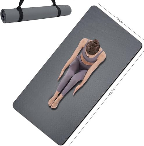Yogamatte, doppelseitig, rutschfest, 183 x 81 x 0.6 cm, extra breite und dicke Yogamatte mit Gurt, professionelle TPE-Yogamatten für Damen, Herren, Workout-Matte für Yoga, Pilates und Bodenübungen