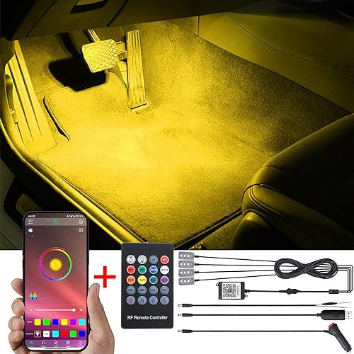 TABEN Auto-Fußraum-Beleuchtungs-Kit, mehrfarbiges Auto-Atmosphären-Beleuchtungs-Kit, Musik-Rhythmus-Sound-aktive Speicherfunktion, kabellose Fernbedienung und Bluetooth-APP-Steuerung DC 12V