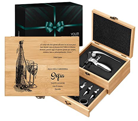 Maverton Accessori da vino La Dedica - Kit da Sommelier Personalizzato - Scatola in legno di bambù + 8 pezzi di Accessori Vino - regalo uomo - Giorni