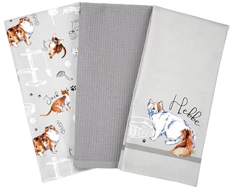 Geschirrtücher mit Katzen-Motiv, 100 % Baumwolle, dekorativ, für Küche, Kochen, Grillen, 3 Stück