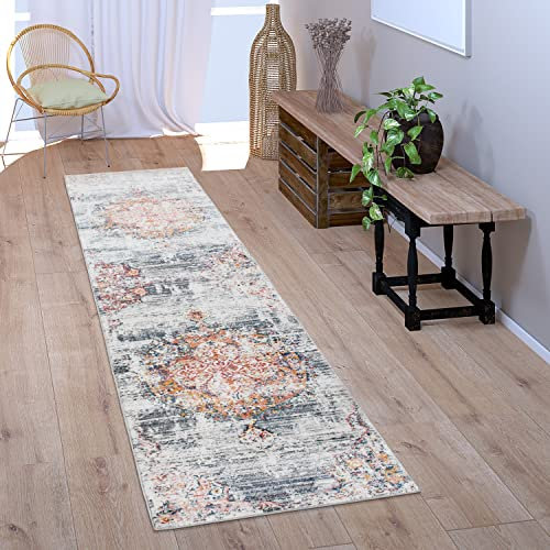 Paco Home Teppich Läufer Flur Schlafzimmer Kurzflor Vintage Pastell Modernes Orientalisches Muster, Grösse:80x150 cm, Farbe:Grau