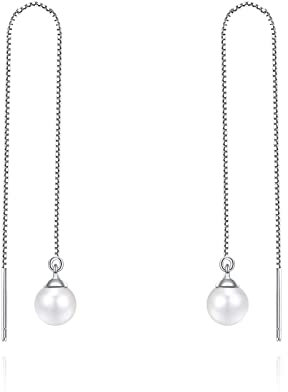 6mm Pearl Threader Earrings 925 Sterling Silver for Women Dangle Tassel Long Chain Drop Pull Through Earrings
