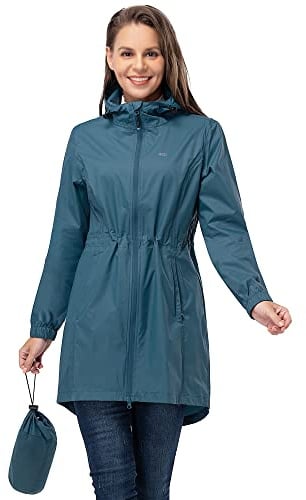 33,000ft Women's Rain Jacket Lightweight Hooded Long Rain Coat Waterproof Jacket Ladies Packable Functional Jacket Windbreaker Breathable Active Outdoor Coats Moroccan Blue M/12