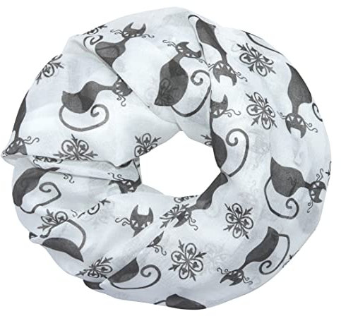 thb Richter XXL Langer Schal mit Katzen Muster Tuch Scarf Katze Cats Cat Halstuch Schals und Tücher mit kurzen Fransen (Katze - 1 / Loop - Weiß)