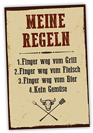 Meine Regeln Grillen Schild lustige Geschenk Idee - 20x30cm aus stabiler Hartschaumplatte in 3mm Stärke - Bester Freund Kumpels Deko Grillen