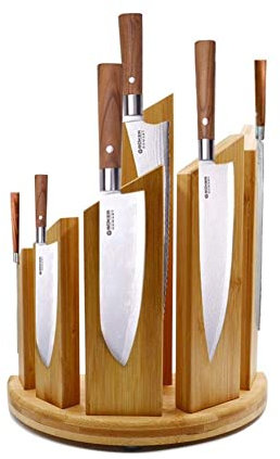Knife Block Bamboo Knife Holder Block Holder Magnetic 360 Rotating, Home Wooden Knife Shelf for 12 Kitchen Tools