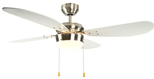 aireRyder - Classic Deckenventilator mit Beleuchtung | Zeitloser Ventilator mit Zugschalter mit Silbernem Gehäuse und Weißen Flügeln, 105cm Durchmesser (Farbe: Satin Nickel & Weiß)