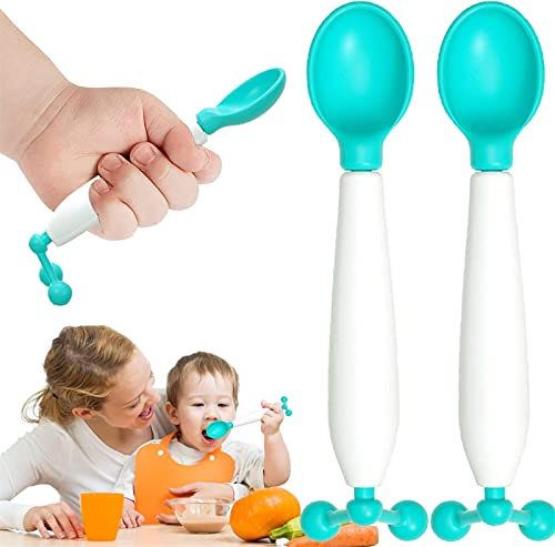 Cuillère pour enfants, cuillères pour tout-petits à changement de couleur rotative à 360 °, cuillère à détection de température pour enfants, cuillère rotative à gravité avec poignée antidérapante