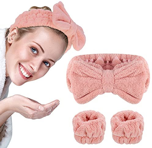 AKlamater 1 Stück Spa Bowknot Haarbänder mit 2er Handgelenk-Spa-Armbänder Schminken Coral Fleece Elastisches Makeup Stirnbänder für Frauen Duschen Gesicht Waschen Yoga Sport