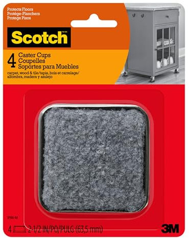 Scotch Caster Cups, Square Felt Gray 2.5-in 4/pk, Chair Leg Floor Protectors, Furniture Pads for Hardwoods Floors
