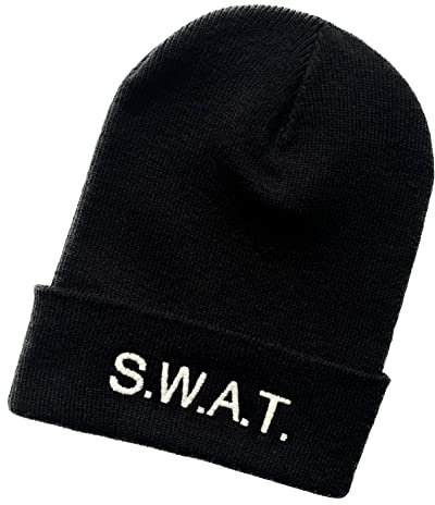 Schnoschi Schwarze Strickmütze mit breitem Umschlag (Beanie Mütze) mit SWAT Bestickt für Herren, Damen, Jugendliche und Kinder