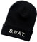 Schnoschi Schwarze Strickmütze mit breitem Umschlag (Beanie Mütze) mit SWAT Bestickt für Herren, Damen, Jugendliche und Kinder