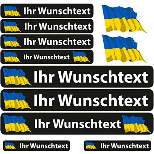 INDIGOS UG - Aufkleber Ukraine - 13 Flaggenaufkleber - Fahne wehend Sticker selbst gestalten mit Namen & Wunschtext personalisiert- Fahrrad - Auto Aufkleber - Motorrad - Rennfahrer