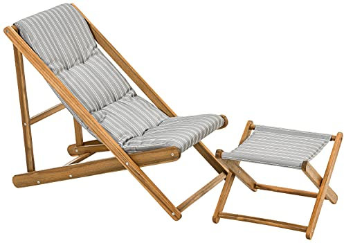Dehner Strandstuhl und Hocker Macao, Stuhl ca. 104 x 59 x 90 cm, Hocker ca. 51 x 50.5 x 37 cm, FSC®-zertifiziertes Akazienholz, grau/weiß