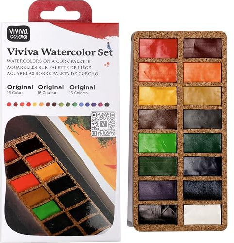 Viviva VV276039 Aquarellfarben Set, 16 lichtechte und lebendigen Farben in Näpfen auf Korkpalette für Outdoor und unterwegs, handgefertigt - 16 Farben