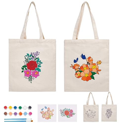 WEBEEDY Color Your Own 2 Canvas Bag Pre Drawn Shoulder Bag Painting Kit With 2 Flower-Themed Canvas Bags, 12 Colours of Paint, 2 Brushes, Arts and Crafts Project