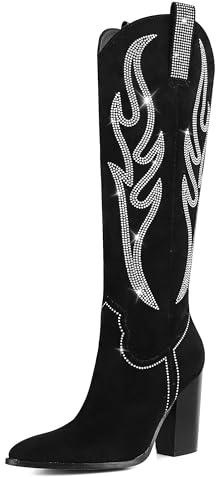 Celbreez Stivali da donna ricamati in stile western, a punta, tacco grosso, stivali da cowgirl a metà polpaccio, da cowboy, altezza al ginocchio, nero, 39 EU