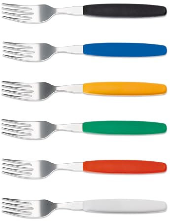6er Set Giesser Messer Besteck Made in Germany - Gabel Essgabel Steakgabel Menügabel groß - ideal für Camping Edelstahl, ergonomischer Griff - Made in Germany - Schwarz, Blau, Gelb, Grün, Rot, Weiß