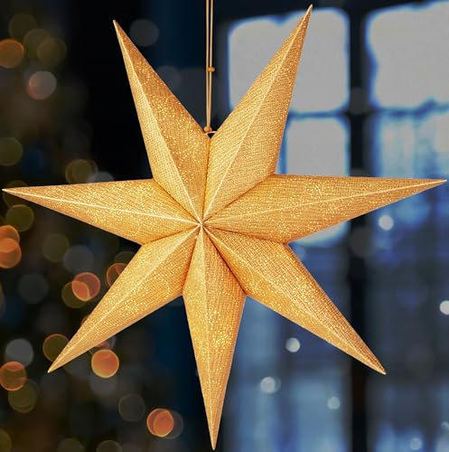 BRUBAKER 60 cm Weihnachtsstern für Innen - Adventsstern mit E14 Fassung Hängend - Fenster Leuchtstern zum Aufhängen - Stern Set Weihnachten mit 3,5 m Kabel - 3D Papierstern Deko - Gold