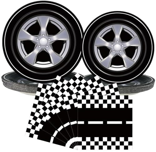 Generic Racing Car Party Plates Napkins Wheels Cars Track Birthday Tableware Sets Fast Boy Men Kids Baby Shower Party Decorations Supplies Serves 24 (Black)