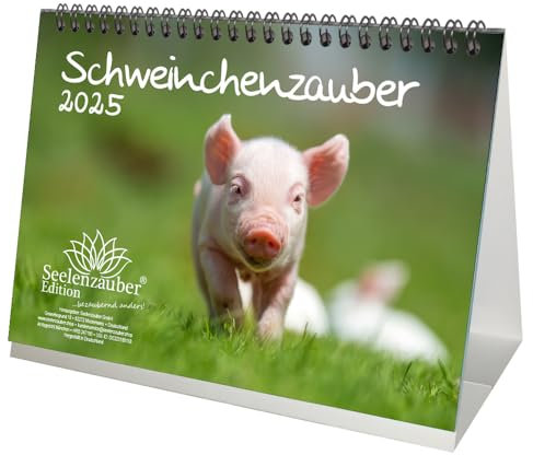 Schweinchenzauber DIN A5 Tischkalender für 2025 Schwein Schweinchen - Geschenkset Inhalt: 1x Kalender, 1x Weihnachtskarte (insgesamt 2 Teile)
