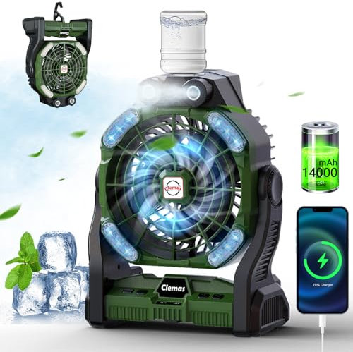 Clemas Camping-Ventilator mit Nebel, wiederaufladbar, langlebig, tragbar, batteriebetrieben, Wassernebelventilator, Tischventilator, 14000 mAh, 26000 mAh, RGB-Lichter, Timer, Stromversorgung – für den