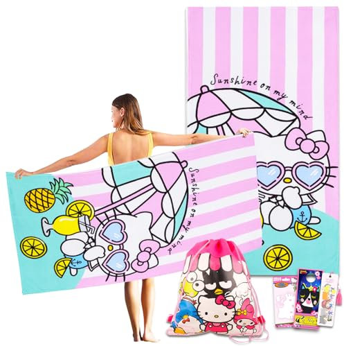 Hello Kitty Juego de toallas de playa para niños, paquete con toalla de microfibra Hello Kitty y bolsa de cincha, libro de actividades con calcomanías, más | Hello Kitty juego de piscina y baño