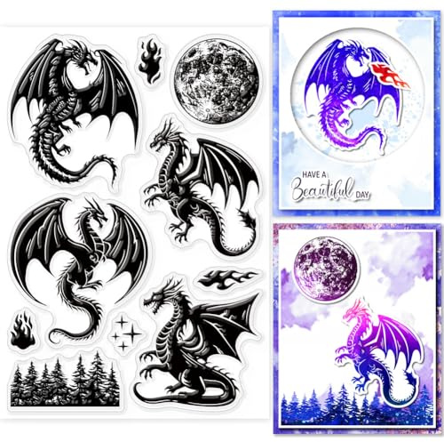 GLOBLELAND Feuerdrache Transparenter Stempel Mondphase Transparente Gummistempel Wald Silikonstempel Für DIY Scrapbooking Fotoalbum Dekorative Karten Heimdekoration 6.3x4.33 Zoll