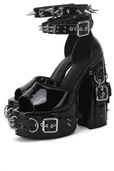 Frankie Hsu Goth Sexy Chunky Plateau High Heels Sandalen, Schwarz Lack Silber Bukle Nieten Dark Gothic Punk Y2K Hot Girl Big Size Knöchelschuhe für Damen Herren, Schwarz, 42 EU