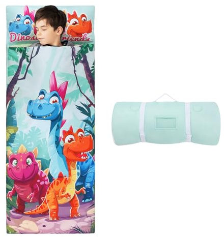 Schlafsack Kinder Doppelter Reißverschluss Weich Warm, Faltbare Kinderschlafsack mit Kissen Abnehmbar für Mädchen Jungen,Leicht Reinigen Schlafsack für Outdoor Indoor Camping,150×60cm Drei Dinosaurier