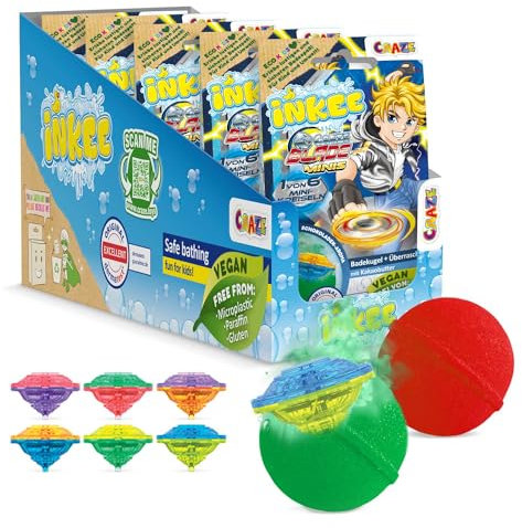 INKEE Surprise Blade Kampfkreisel - 5x Badebomben Kinder mit Überraschung - 5 von 6 BLADE mini Kreiseln - Badekugeln 5x 100g mit Schokolade-Duft und Kakaobutter, Grün oder Rot