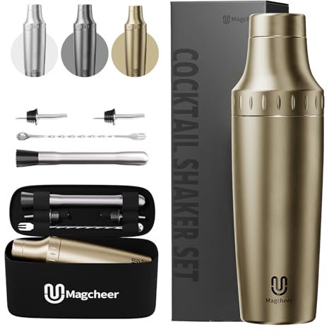 Magcheer Shaker Cocktail Set Professionale Kit Barman 5 Pezzi con Bilancia Integrata(850ml) Lusso Shaker per Cocktail con Filtri Frangighiaccio e Custodia Regalo per Bar, Casa, Festa(Oro)
