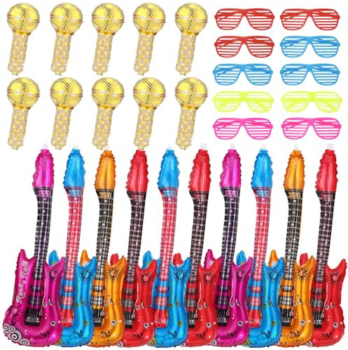 Kaisibum 30 Stück Aufblasbare Gitarre, Fotobox Accessories, Mikrofon Aufblasbar-Party-Dekorationsballon mit Farbigen Shading Gläser, Party-Requisiten für Kinder und Erwachsene, Party-Dekoration