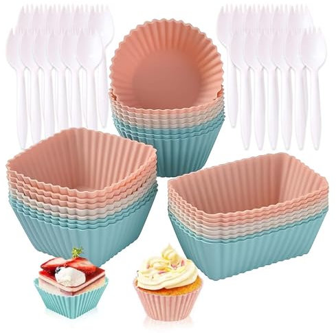 WUERKIYA Molde de Silicona Magdalenas - Paquete de 24 Moldes de Repostería, Moldes Silicona con 3 Formas y Colores Variados, sin BPA, Ideal para Horno y Congelador