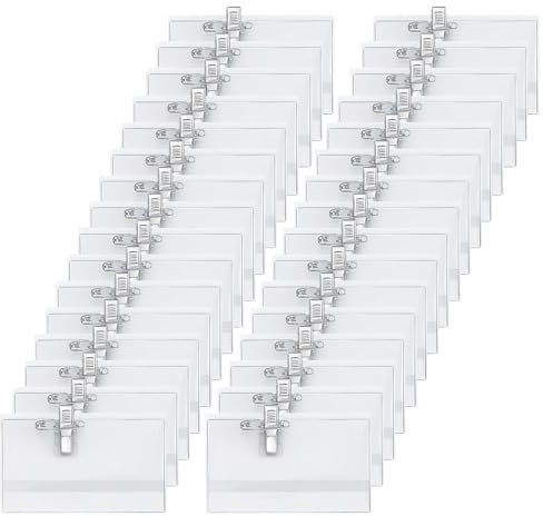 Lot de 105 badges nominatifs avec clip, 90 x 56 mm, transparents, pour vêtements, avec épinglette, pour bureau, école, voyage