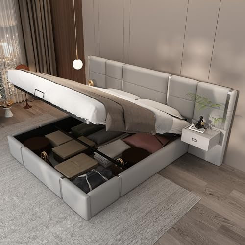 Aoskem Polsterbett Bett 180x200 cm Doppelbett mit Stauraum, Extrabreiter Kopfteil mit 2 Nachttischen, Hydraulisches Stauraumbett Bettgestell mit Lattenrost, Rückenlehne Bett, Ohne Matratze, PU Grau