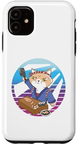 iPhone 11 Sushi chef cat headband blue attire wooden counter sushimi Case